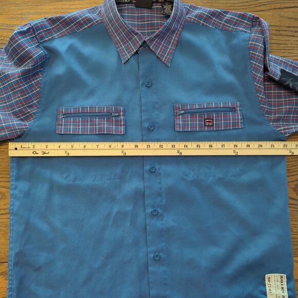 Bugle Boy Plaid Men's Vintage Blue Shirt M Patchwork Long Sleeve Retro Y2K - Picture 15 of 16